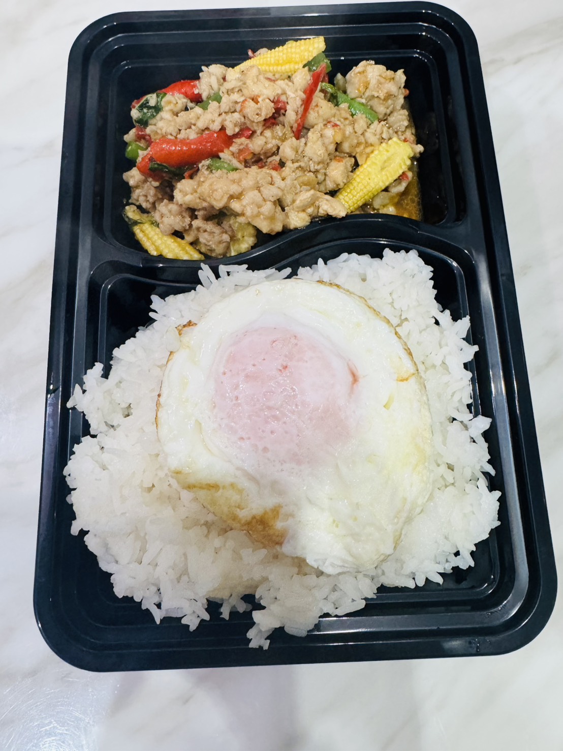 Stir-Fried Chicken with Holy Basil, Fried Egg & Rice